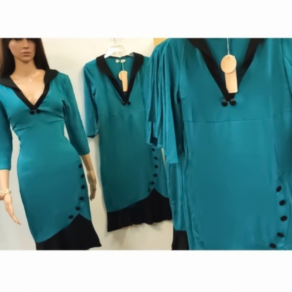 Rockabilly Pin Up Vintage Style Teal & Black Dress - Picture 8 of 8